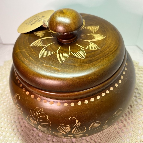Hand-Carved Teak Wood Trinket Box from India | Floral Engraved Lidded Bowl 6.75” - Picture 1 of 15